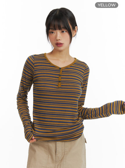 stripe-buttoned-v-neck-long-sleeve-cm413 / Yellow