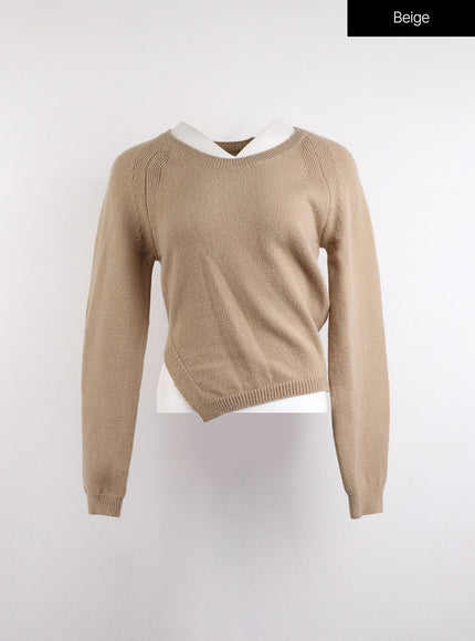 crew-neck-slit-knit-sweater-oj418 / Beige