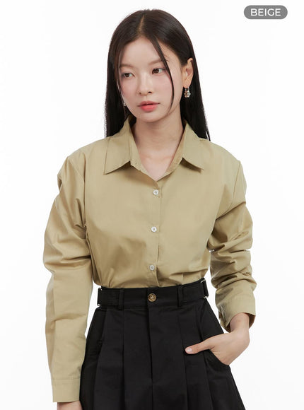 solid-button-up-blouse-og419 / Beige