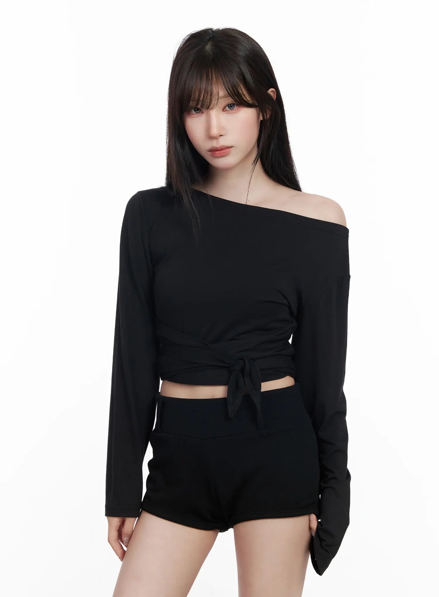 off-shoulder-wrap-tie-long-sleeve-top-cf523 / Black
