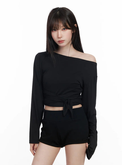 off-shoulder-wrap-tie-long-sleeve-top-cf523 / Black