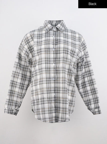 collar-plaid-pocket-long-sleeve-blouse-oo312 / Black