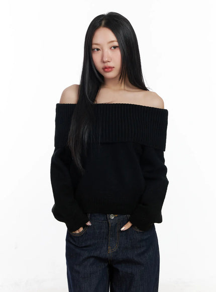 off-shoulder-knit-long-sleeve-top-cf503 / Black