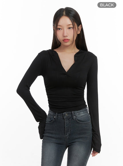 classic-slim-v-neck-crop-top-hoodie-co402 / Black