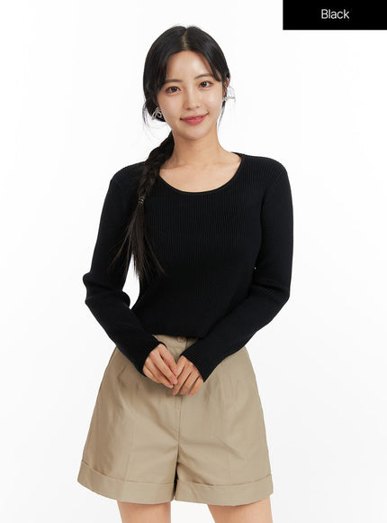 round-neck-knit-long-sleeve-top-of420 / Black