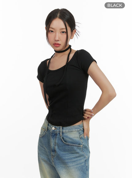 slim-fit-u-neck-top-cy423 / Black