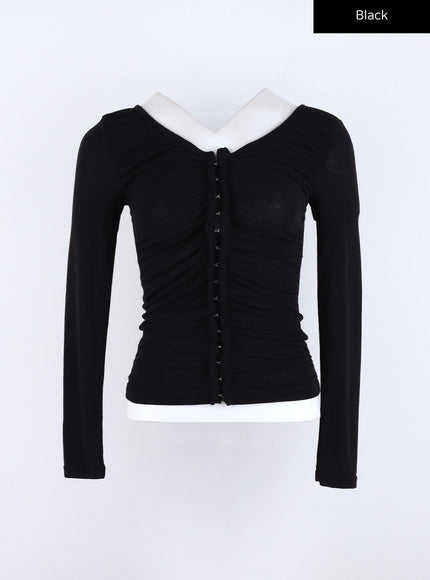 hook-button-shirred-cardigan-co325 / Black