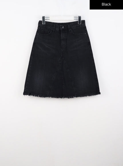 raw-hem-midi-denim-skirt-co319 / Black