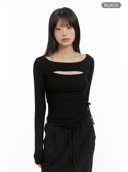 cut-out-tie-long-sleeve-crop-tee-cg426 / Black