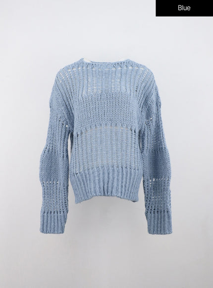 boat-neck-mesh-knit-sweater-on324 / Blue