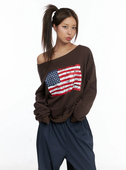 american-flag-off-shoulder-sweatshirt-cs504 / Dark brown