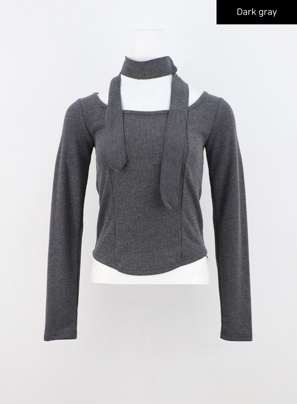 slim-fit-u-neck-long-sleeve-top-with-scarf-cn303 / Dark gray