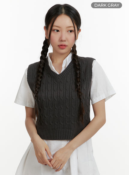 cable-knit-v-neck-vest-oy413 / Dark gray