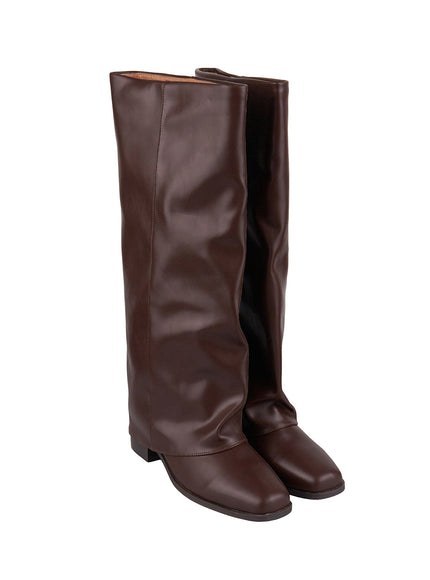 wrinkled-faux-leather-knee-high-boots-cj520 / Glossy brown