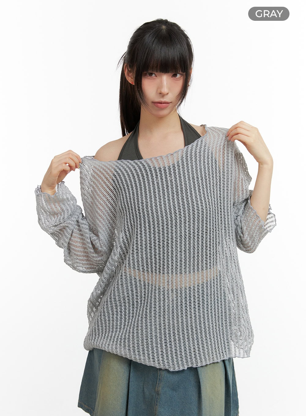 oversize-hollow-out-one-shoulder-knit-sweater-cl422 / Gray