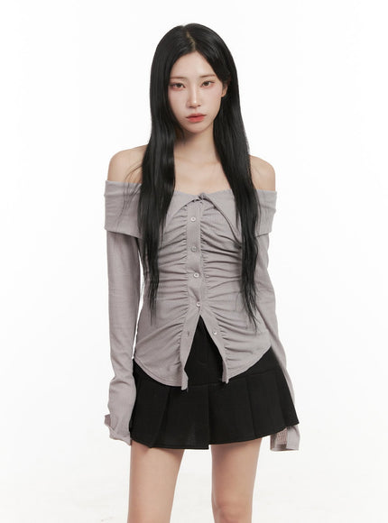 shirred-off-shoulder-blouse-cd409 / Gray