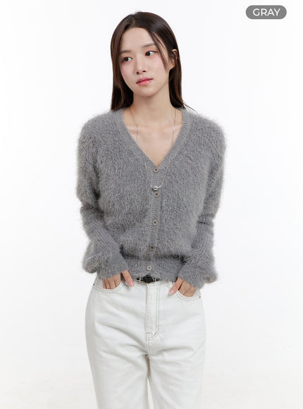 fuzzy-v-neck-cardigan-og429 / Gray