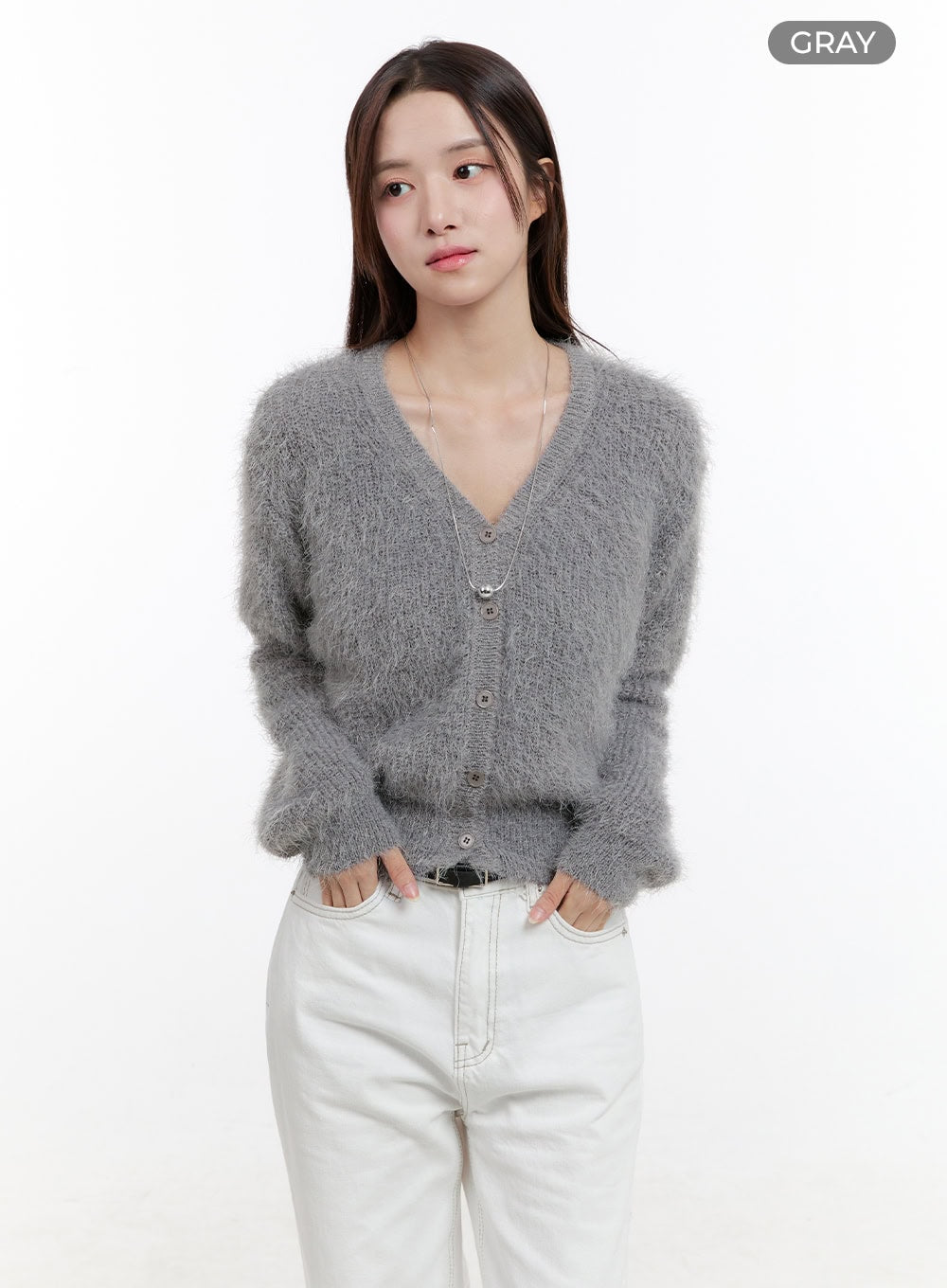 fuzzy-v-neck-cardigan-og429 / Gray