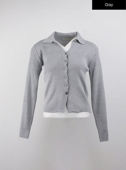 knit-collar-solid-button-cardigan-oj415 / Gray