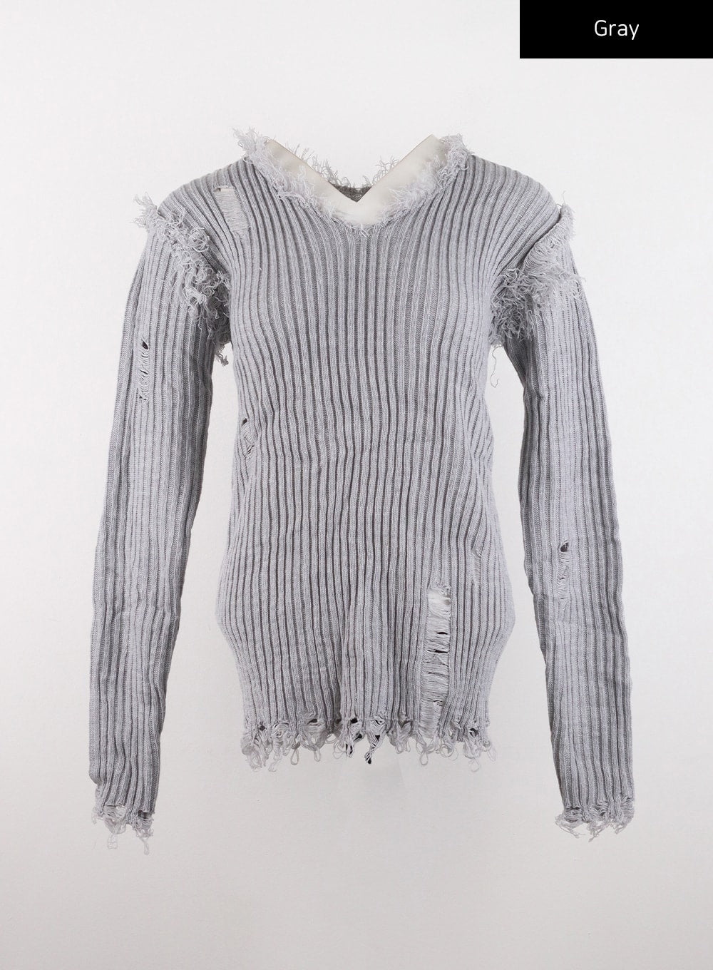 v-neck-destroyed-knit-sweater-cd307 / Gray