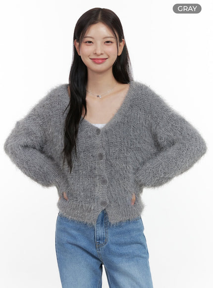 v-neck-boucle-knit-cardigan-os423 / Gray