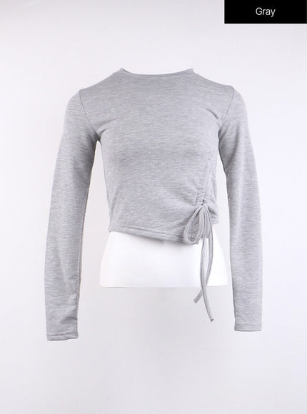 drawstring-long-sleeve-round-neck-tee-cj419 / Gray