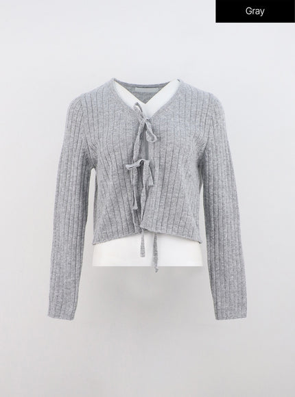 tie-v-neck-ribbed-cardigan-on324 / Gray