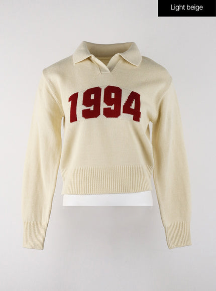 crop-collar-lettering-sweater-oj404 / Light beige