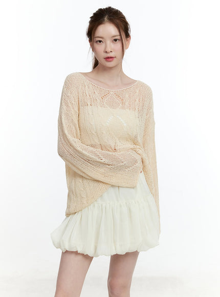 cable-knit-sheer-loose-fit-sweater-cm521 / Light beige