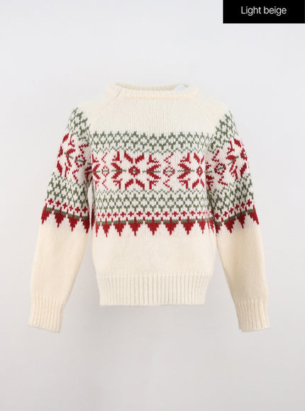 jacquard-crew-neck-knit-sweater-in323 / Light beige