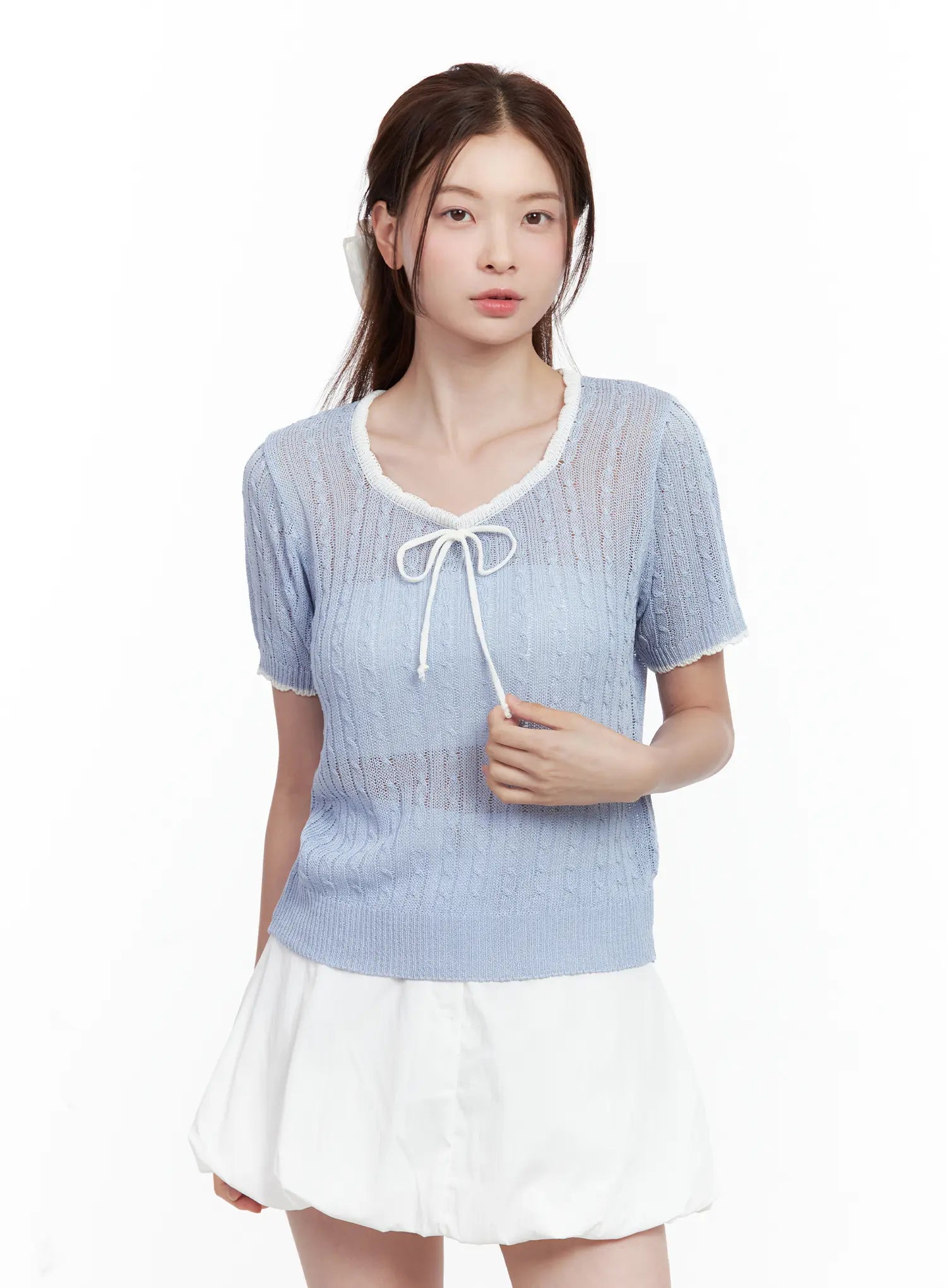 sheer-knit-tie-sweater-top / Light blue