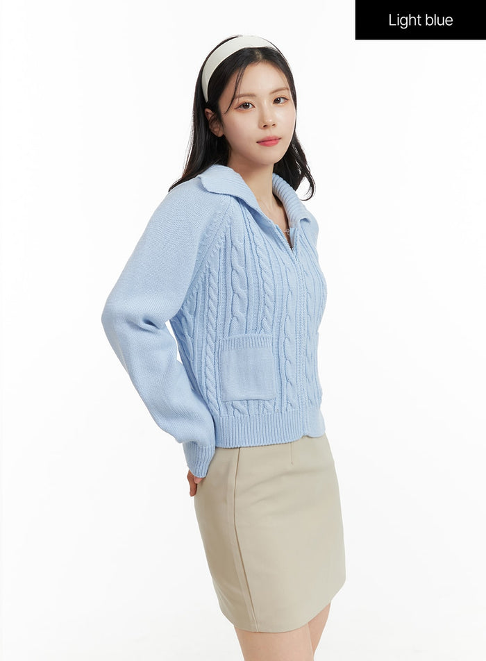 cable-knit-zip-up-sweater-of414 / Light blue