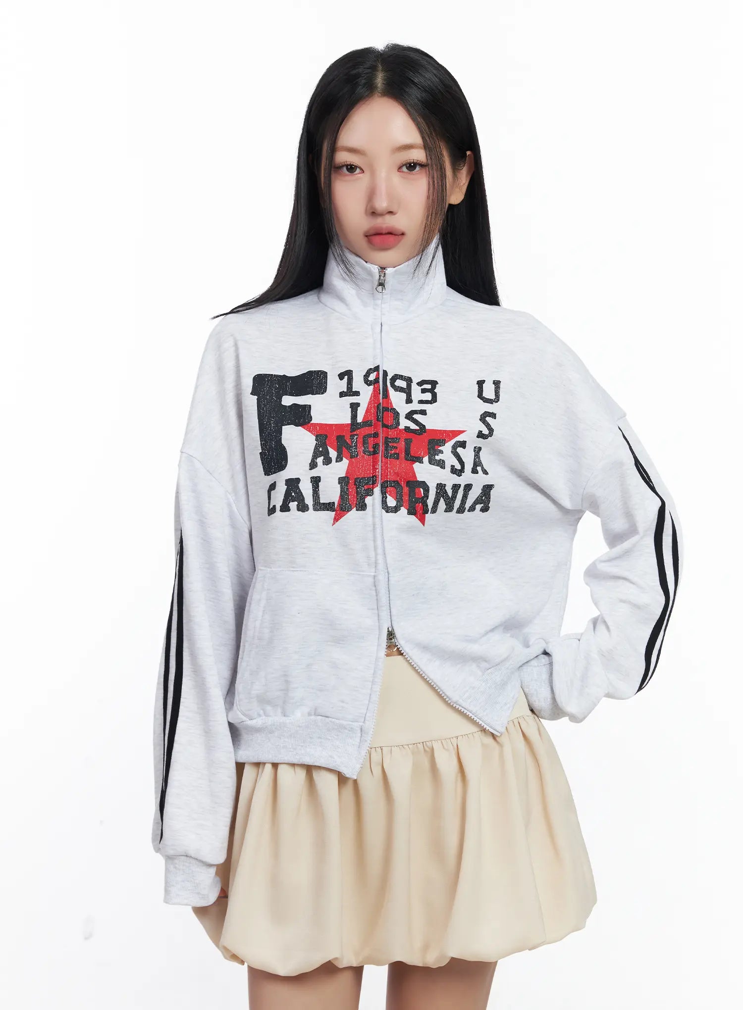 two-way-zip-up-graphic-sweatshirt-cj530 / Light gray