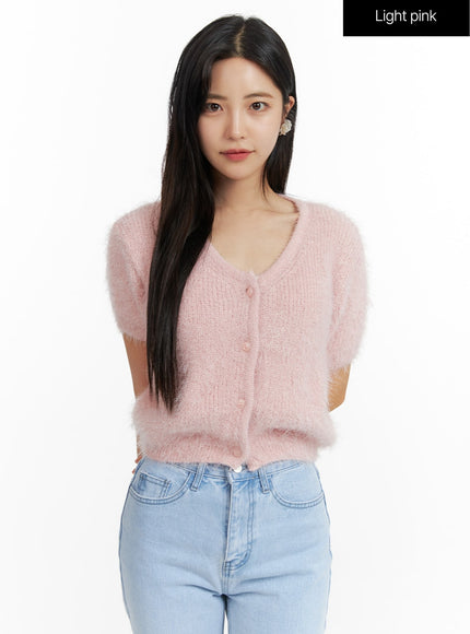 fuzzy-v-neck-button-short-sleeve-sweater-of416 / Light pink