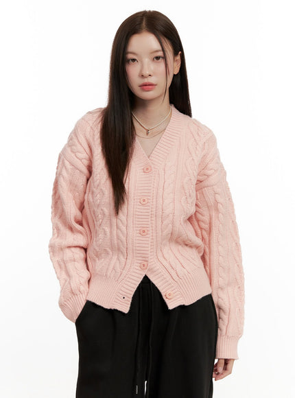 buttoned-v-neck-cable-knit-sweater-on422 / Pink