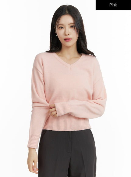 v-neck-knit-sweater-of408 / Pink