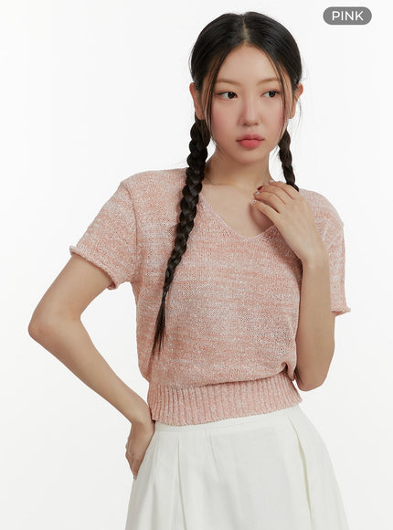 v-neck-short-sleeve-knit-crop-top-oy413 / Pink