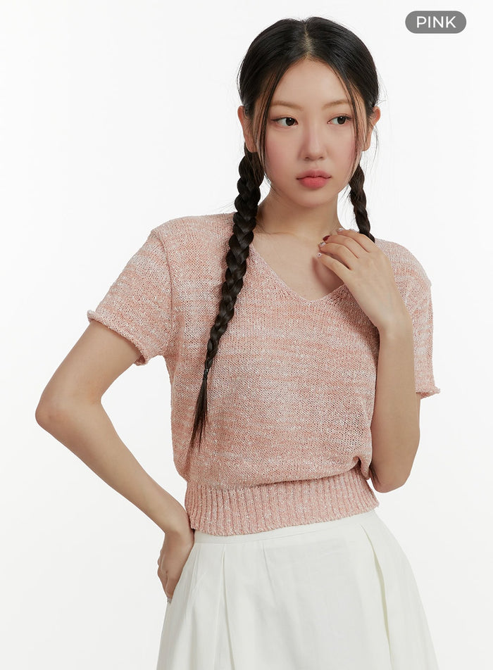 v-neck-short-sleeve-knit-crop-top-oy413 / Pink
