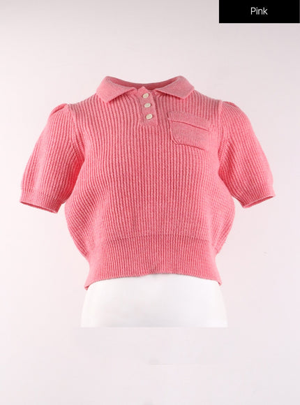 collar-short-sleeve-knit-sweater-of406 / Pink