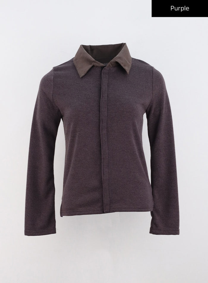 buttoned-long-sleeve-collar-top-co319 / Purple