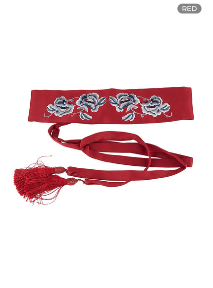 flower-embroidered-waist-belt-ou404 / Red