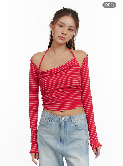 striped-halter-top-bolero-cardigan-set-cy431 / Red