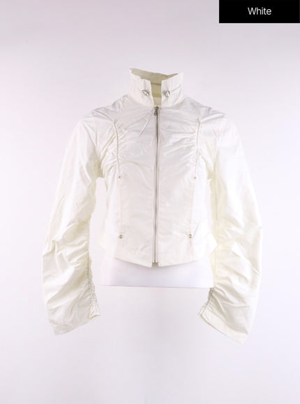 crop-shirring-zip-up-jacket-cf407 / White