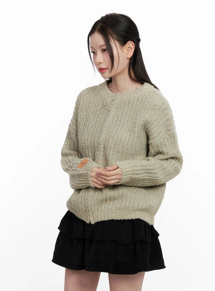 ribbed-knit-zip-up-co530 / Beige