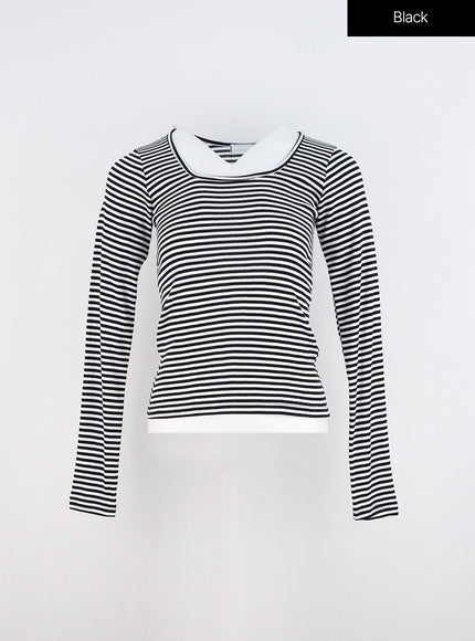 u-neck-stripe-long-sleeve-tee-oo319 / Black