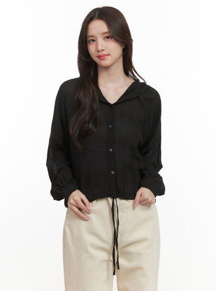 sheer-hooded-button-up-blouse-cj515 / Black