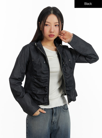 shirring-hooded-zip-up-bomber-jacket-cf408 / Black