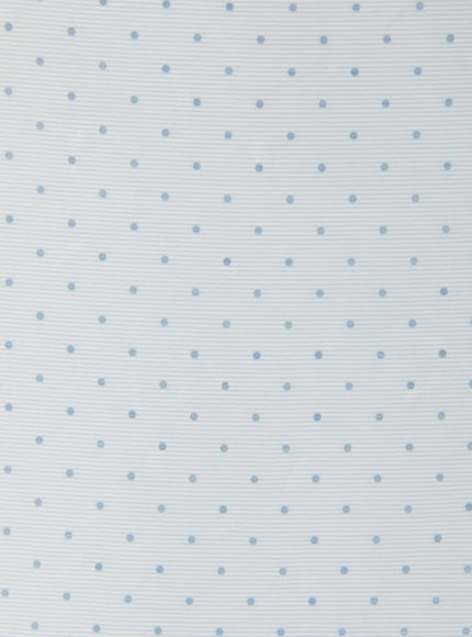 Polka Dot Head Scarf CU519, fabric swatch close-up in light blue colorway, subtle blue polka dots on white ribbed-stripe base, lightweight texture detail.