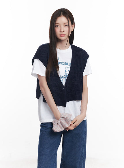 buttoned-knit-crop-vest-top-cy515 / Dark blue