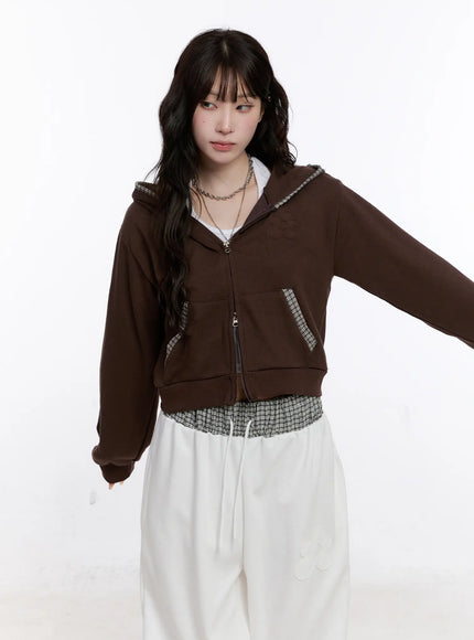 plaid-trim-crop-zip-up-hoodie-cs530 / Dark brown